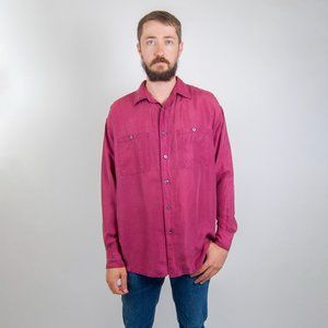 90s Maroon Silk Long Sleeve Button Down Shirt / Re